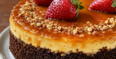 Chocoflan Decorado con nuez picada y fresas