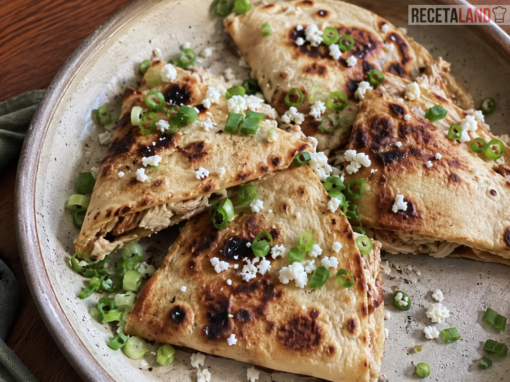 Quesadillas de tinga servidas cortada con cebollino y queso