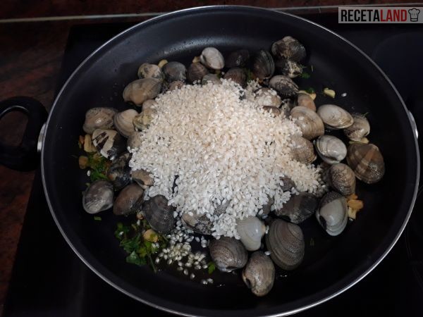 Sofriendo el arroz con las almejas