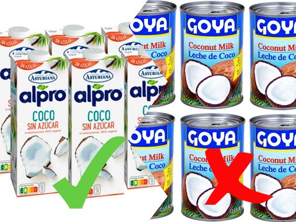La bebida de "leche" de coco no es lo mismo que la leche de coco con su crema Bebida de coco y leche de coco