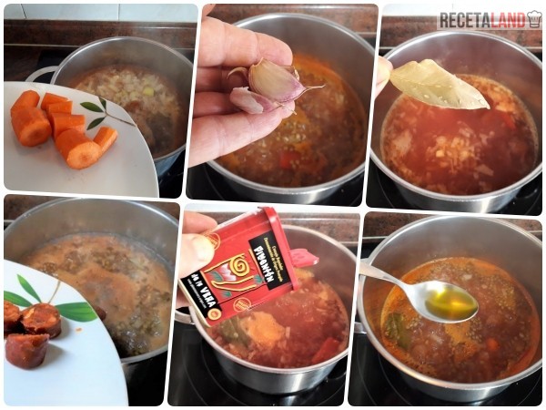 Añadiéndole los Ingredientes a las lentejas con arroz