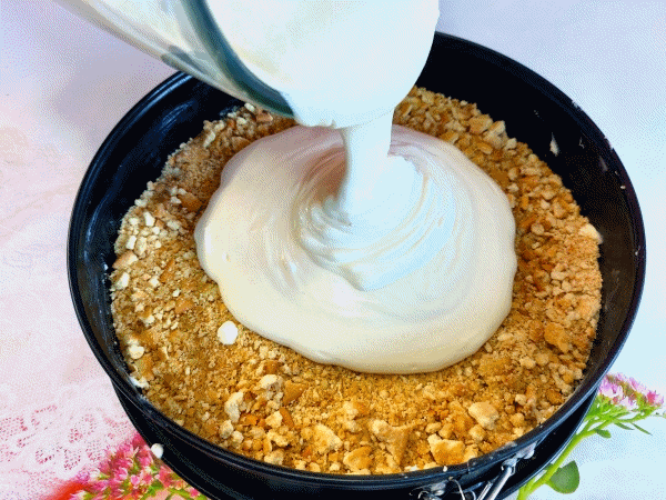Echándole la masa del queso batido, huevos y azúcar al molde